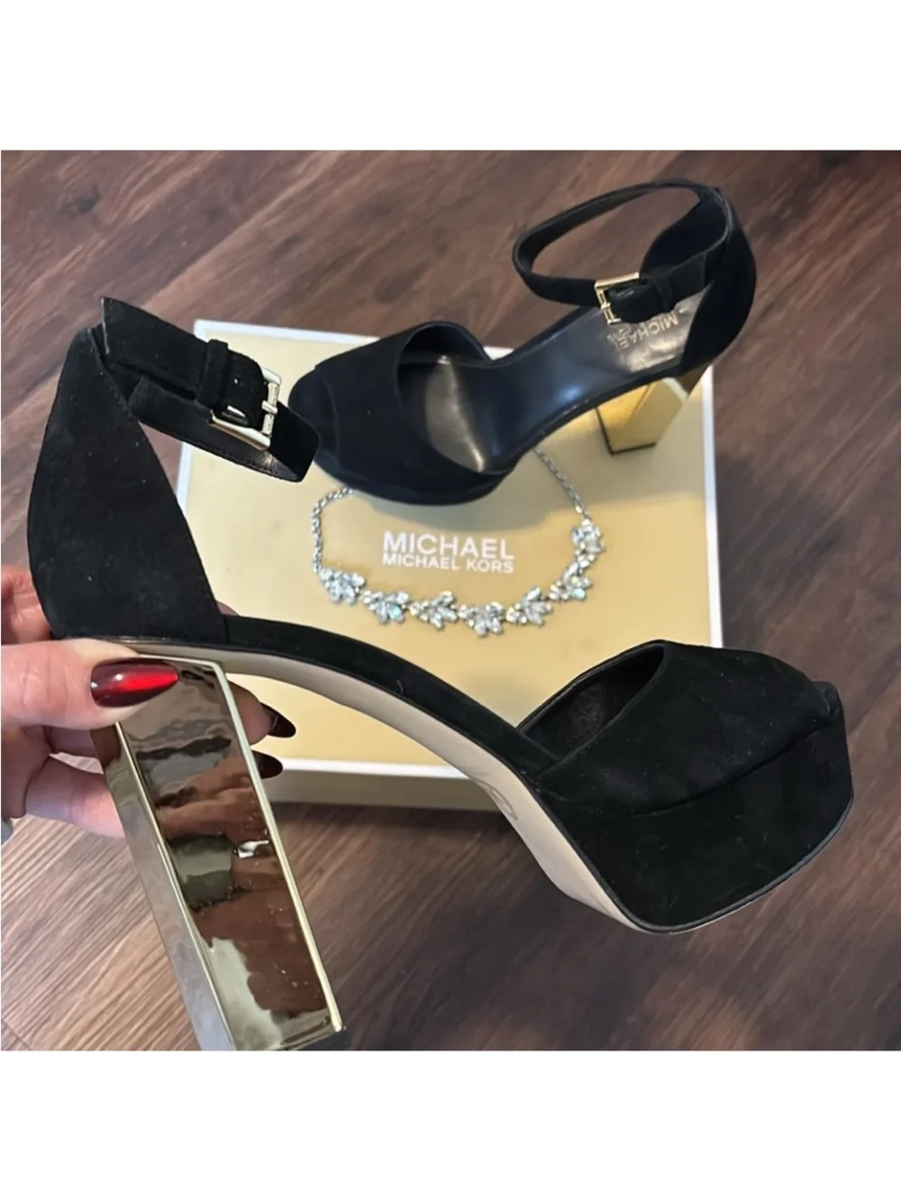 Michael Kors Black Suede Platform Sandals with Gold 3D Heel